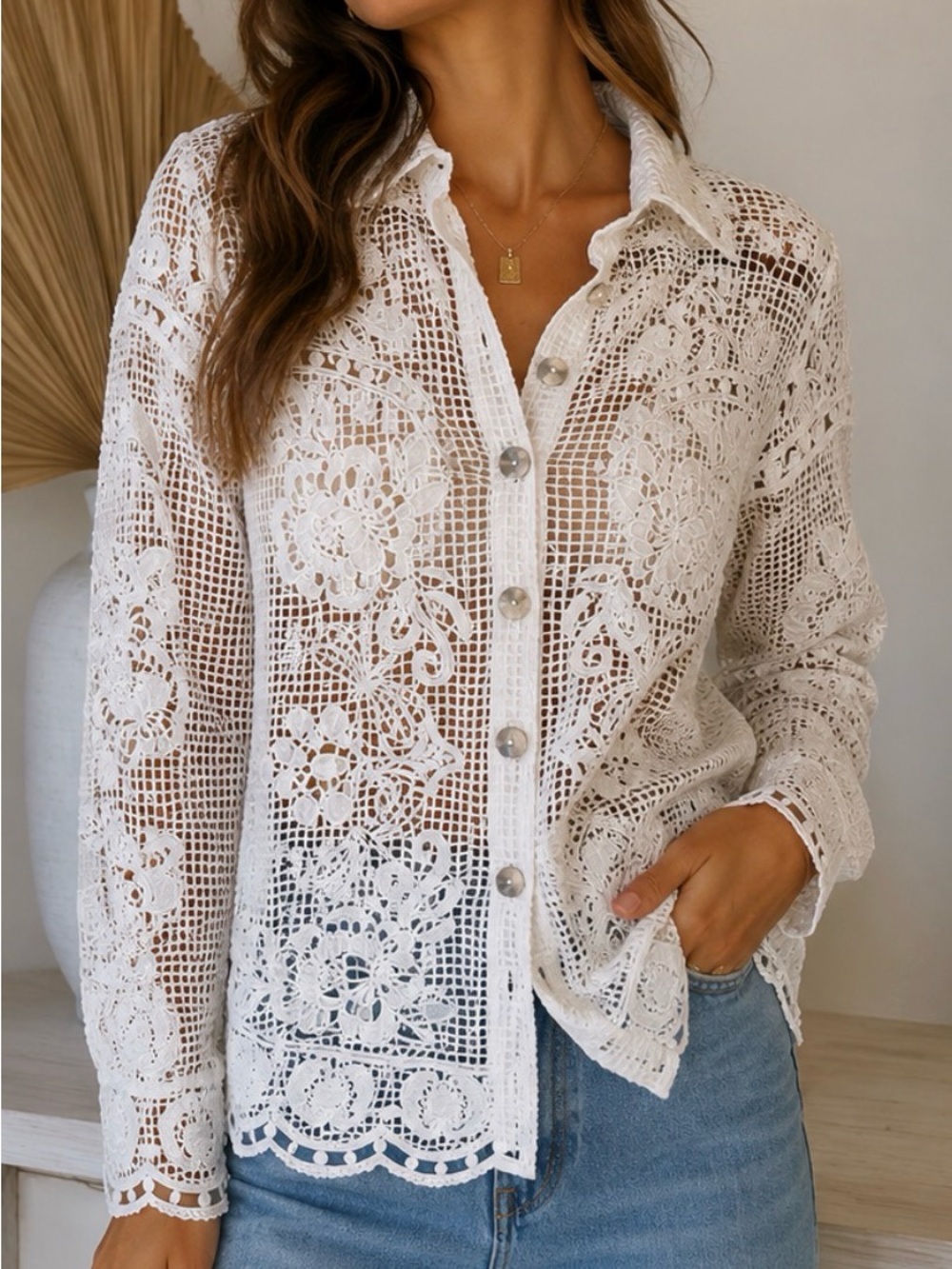 FARM Rio Ivory Floral Crochet Lace Button Front Boho Blouse Top Small